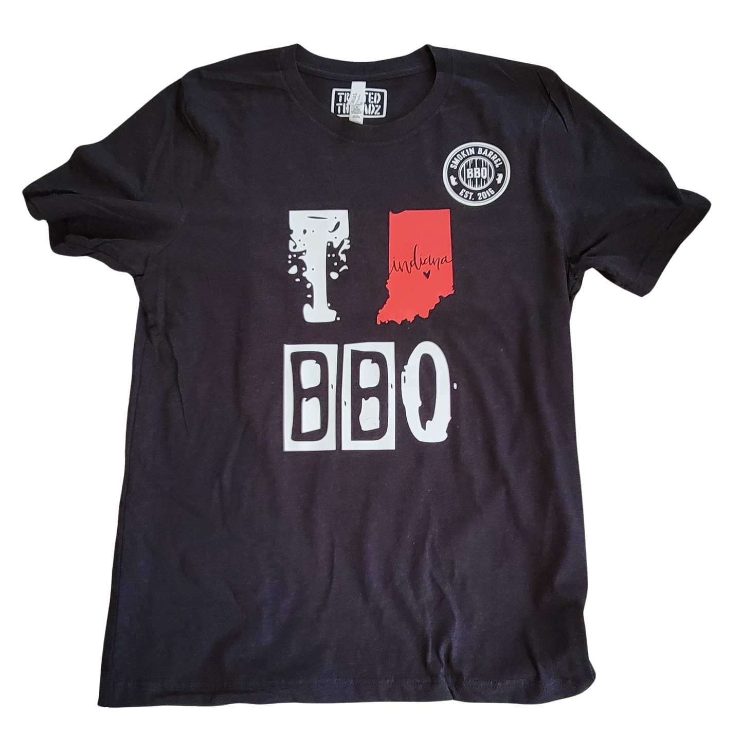 I Love BBQ w/ Smokin' Barrel BBQ Logo short sleeve t-shirt