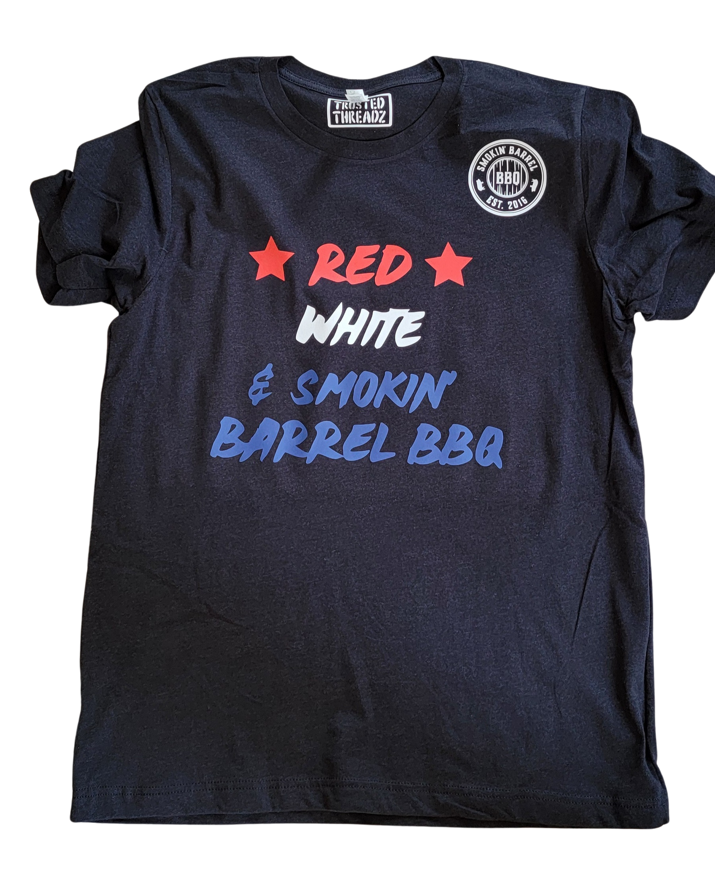 Red, White & Smokin' Barrel BBQ short sleeve t-shirt