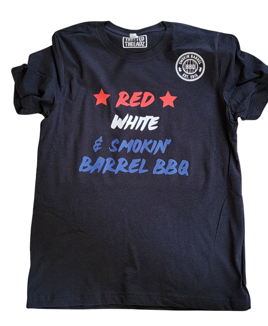 Red, White & Smokin' Barrel BBQ short sleeve t-shirt